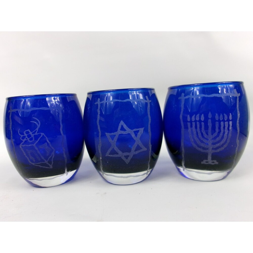 Partylite Hanukkah Tealight Trio Blue Glass Votive Candle Holders Set of 3 P7260